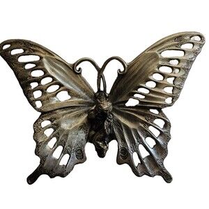 METZKE Silver Metal Cherub Butterfly 1993 Paperweight Ornate Detail Angel 6x4.5"